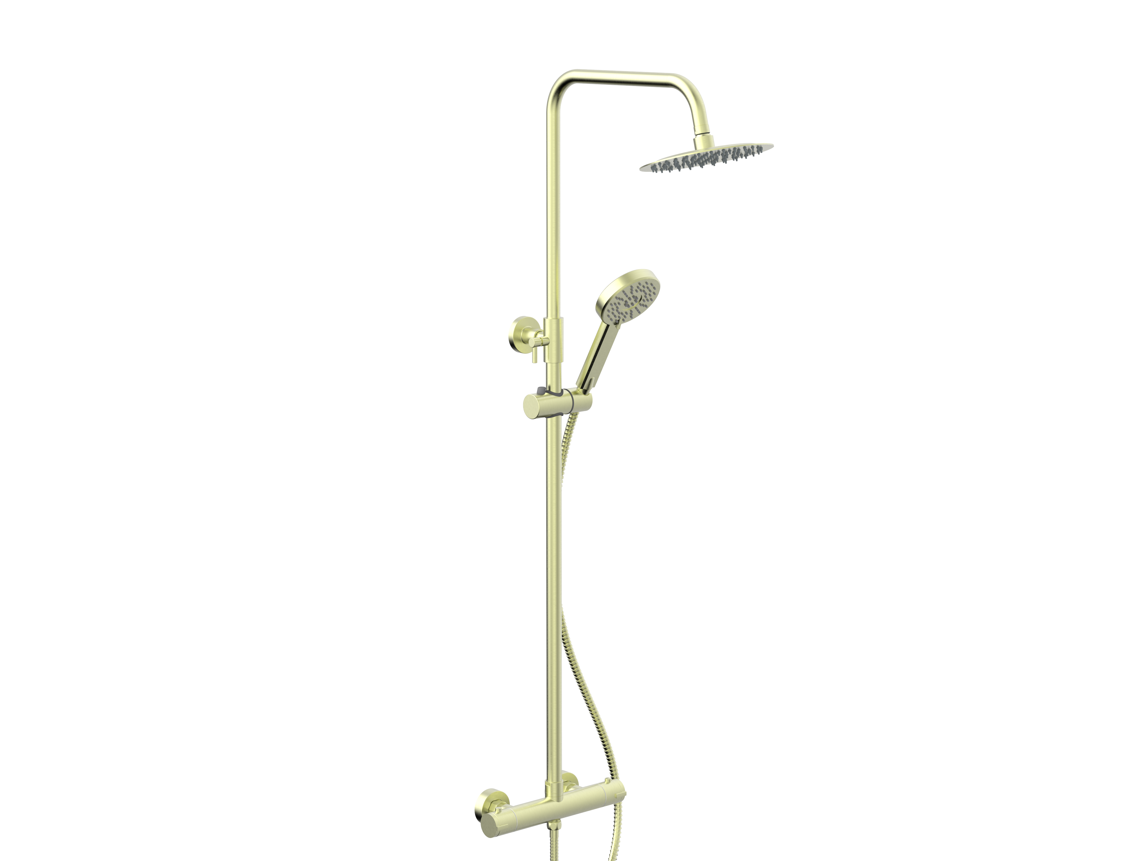 Front view of Mega PVD Coated Column Shower with Rail, Hose & Round Head in Brushed Brass – luxury shower set