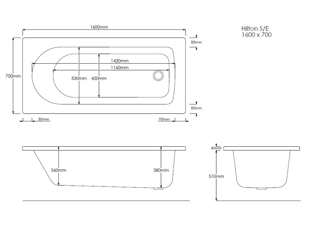 NEO 1600mm x 700mm Single Ended Bath
