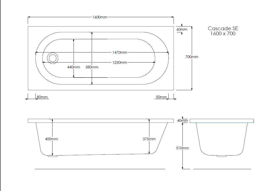Xavo 1600mm x 700mm Single Ended Bath