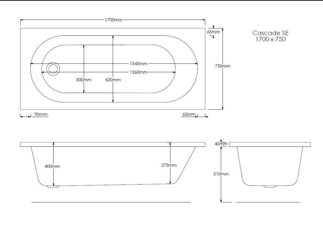 Xavo 1700mm x 750mm Single Ended Bath