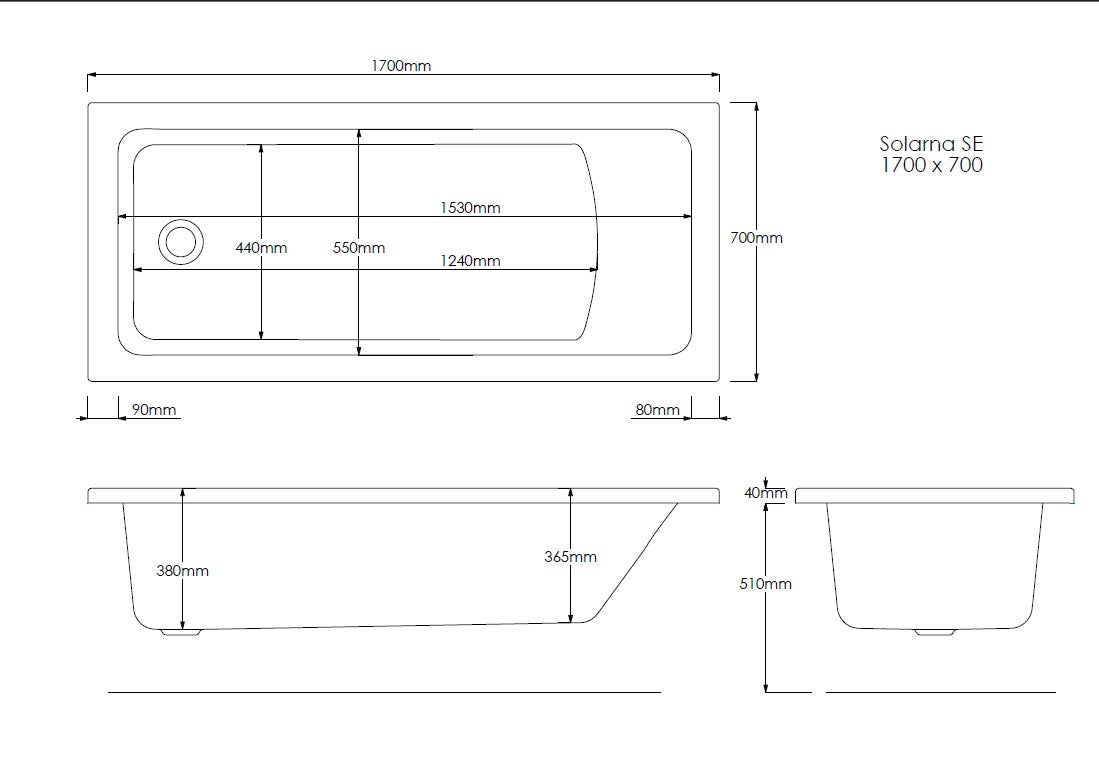 Pino 1700mm x 700mm Single Ended Bath