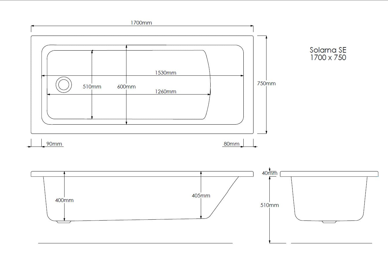 Pino 1700mm x 750mm Single Ended Bath