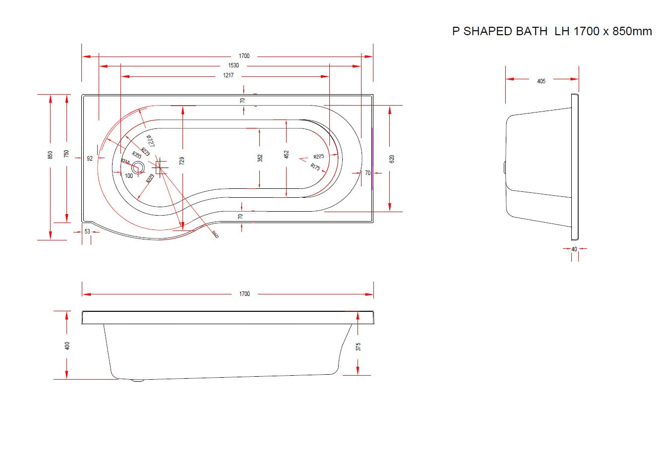 Gamma Left Handed P Shaped Bath 1700mm x 850mm