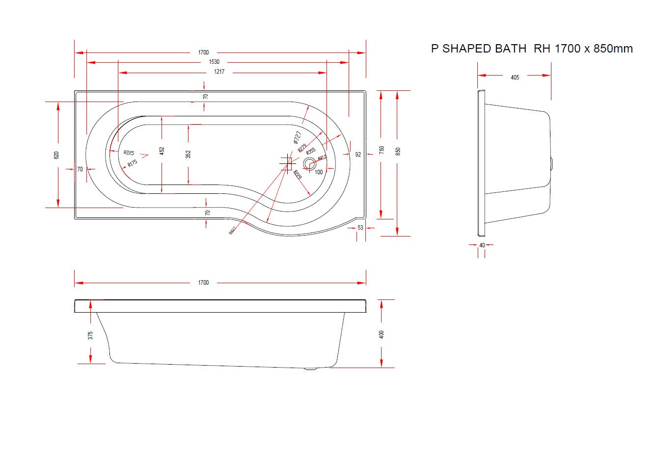 Gamma Geo 1700mm x 850mm Right Handed P Shaped Bath