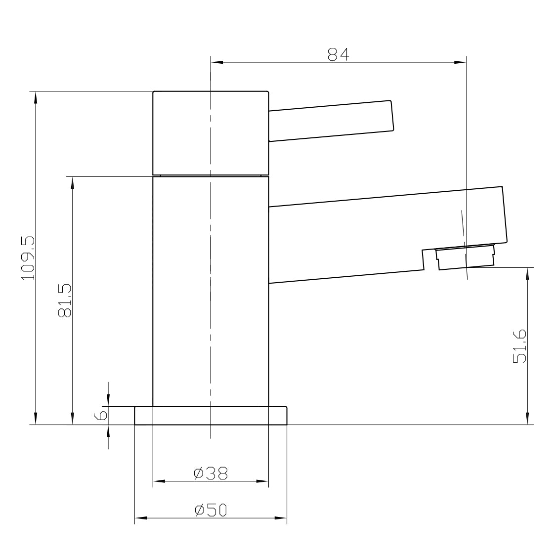 Technical drawing of a tap component with dimensions