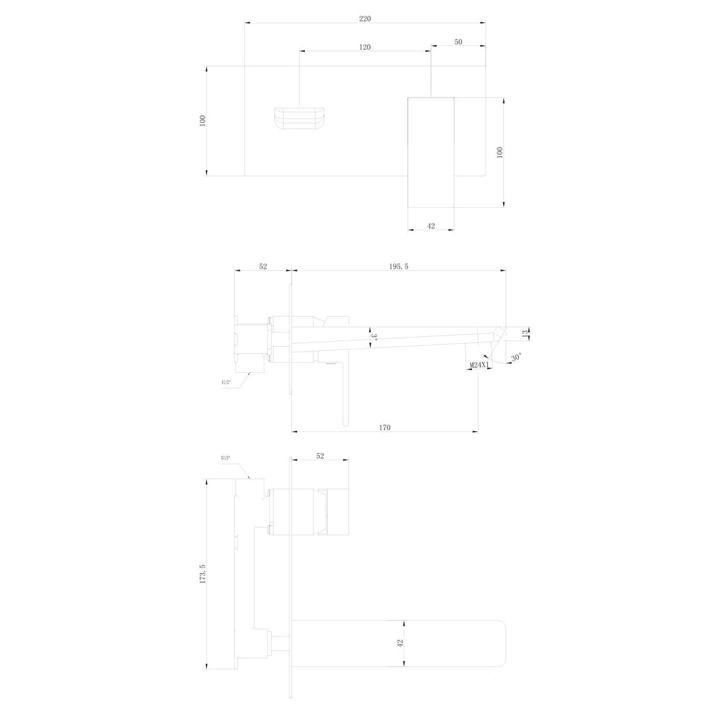 Technical drawing of a wall hung bath filler with dimensions and labels