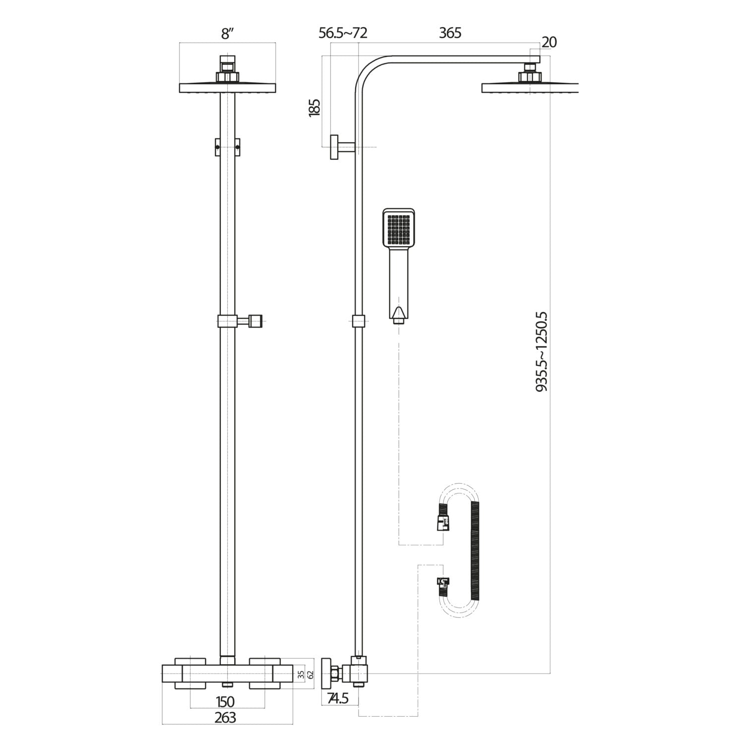 Technical drawing of a shower system with dimensions on a white background