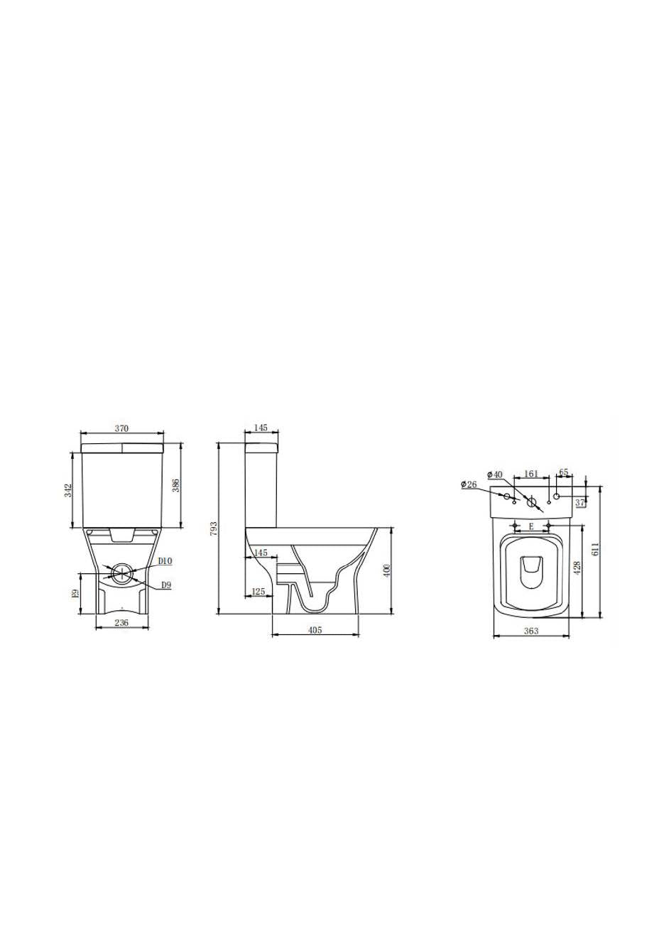 Hydrion Square 400mm x 610mm x 360mm Close Coupled Open Back WC Pan - White