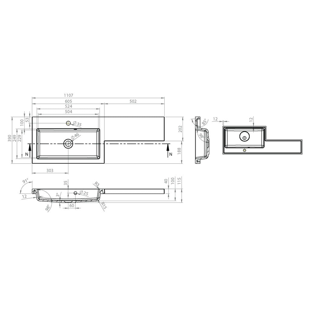 Kappa 1100mm x 390mm 1 Tap Hole Left Handed L Shape Mineralcast Basin - White