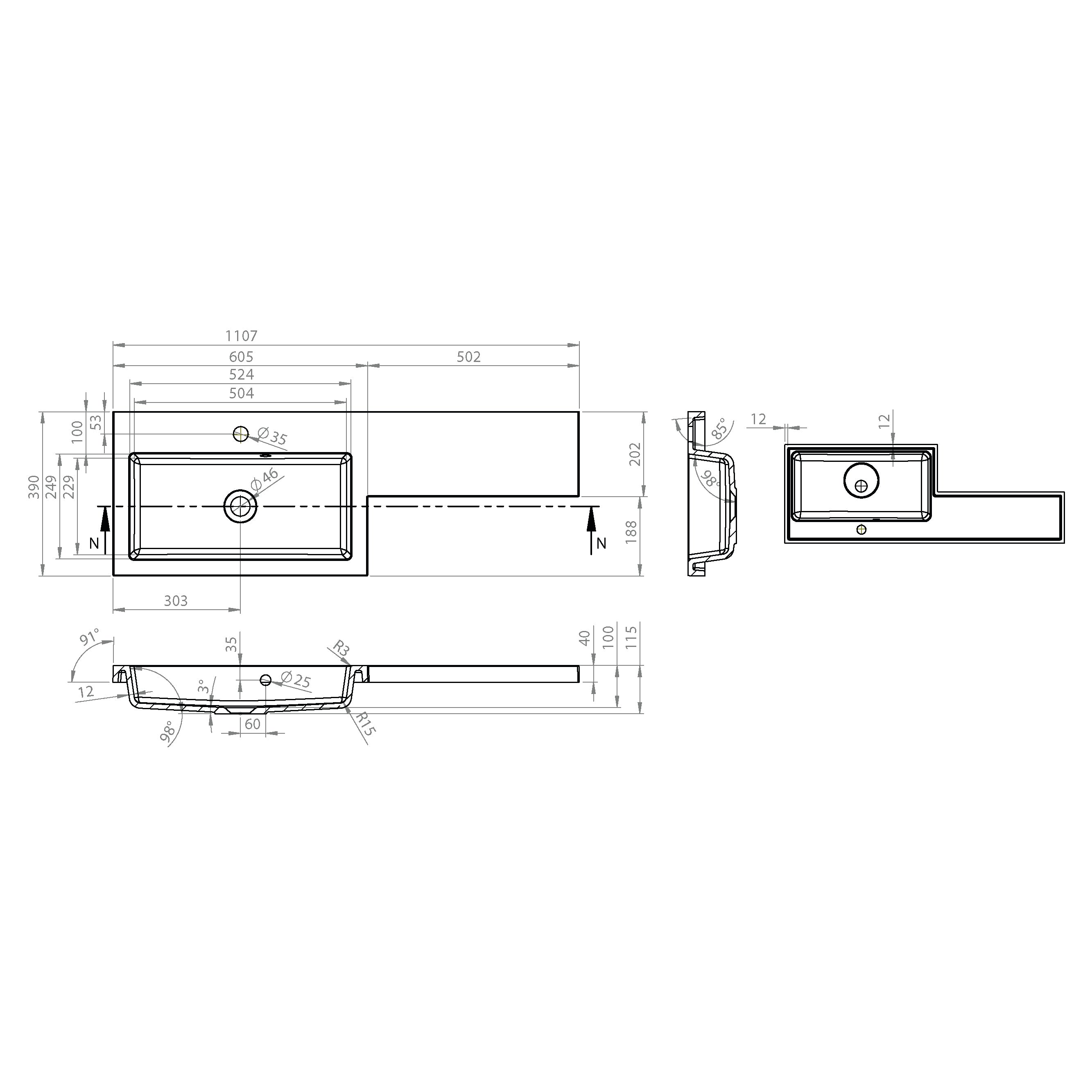 Kappa 1100mm x 390mm 1 Tap Hole Left Handed L Shape Mineralcast Basin - White