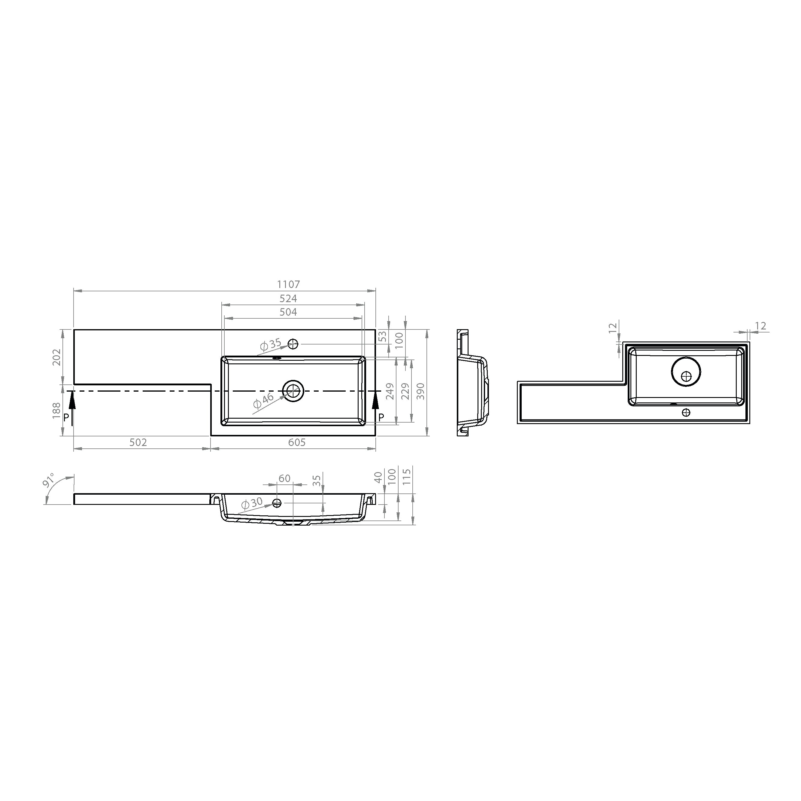 Kappa 1100mm x 390mm 1 Tap Hole Right Handed L Shape Mineralcast Basin - White