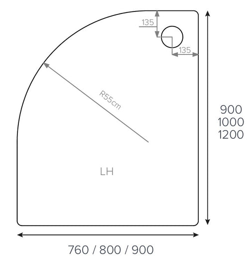 Alpha 1000mm x 800mm Quadrant Left Handed Shower Tray - 550mm Radius - White