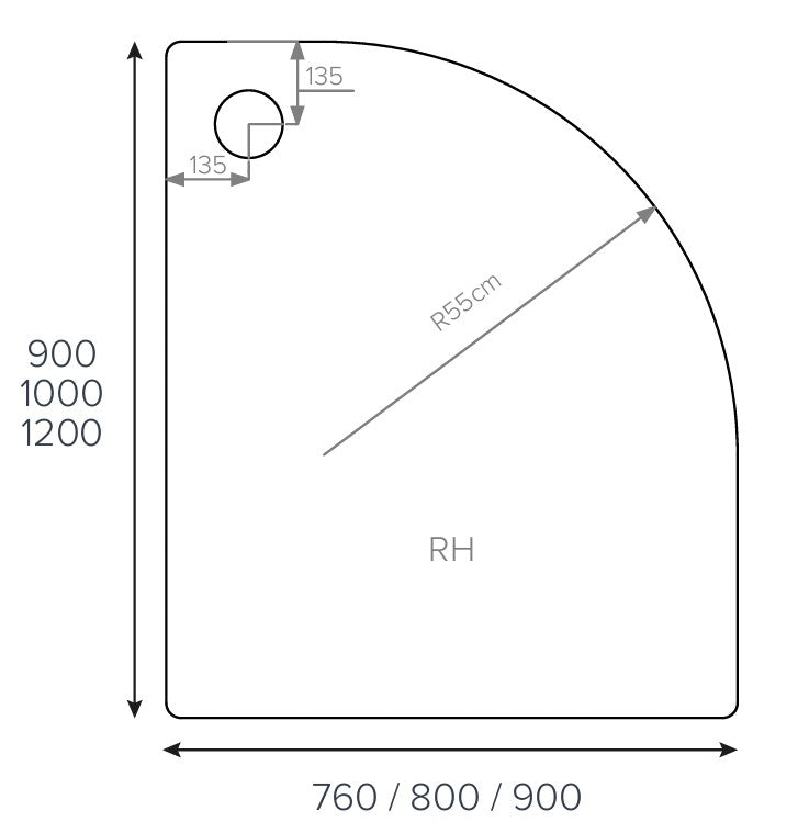 Alpha 1000mm x 800mm Quadrant Right Handed Shower Tray - 550mm Radius - White