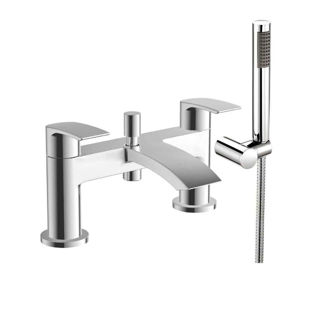 Front view of Pesky Bath Shower Mixer in chrome with slide rail, fixed and handheld shower heads – modern two-hole bath and shower setup