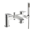 Front view of Pesky Bath Shower Mixer in chrome with slide rail, fixed and handheld shower heads – modern two-hole bath and shower setup