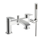 Front view of Pesky Bath Shower Mixer in chrome with slide rail, fixed and handheld shower heads – modern two-hole bath and shower setup