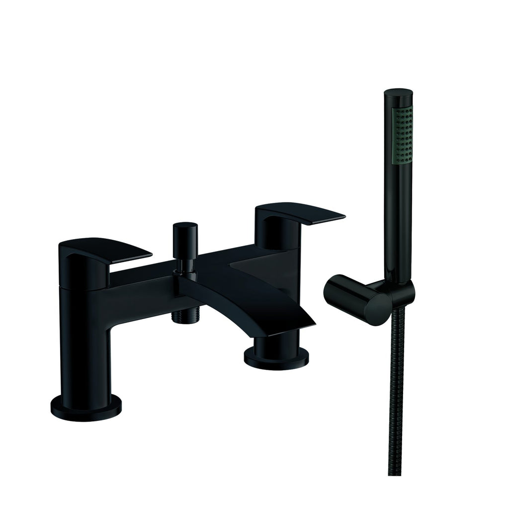 Front view of Pesky Electroplated Bath Shower Mixer in black – two-hole bath filler with fixed and handheld shower heads