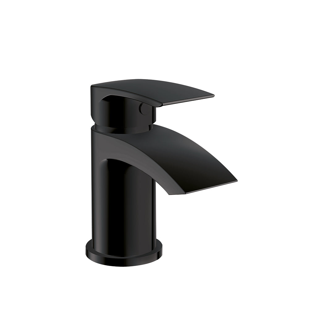 Pesky black electroplated mini mono basin mixer tap with pop-up waste, compact modern design for small basins.