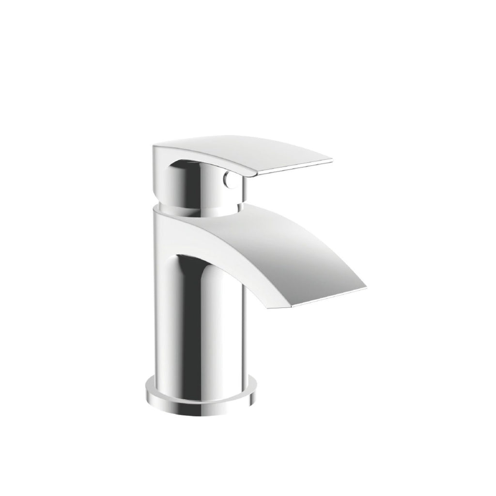 Pesky Mini Mono Basin Mixer in polished chrome with pop-up waste, compact modern tap for small basins.