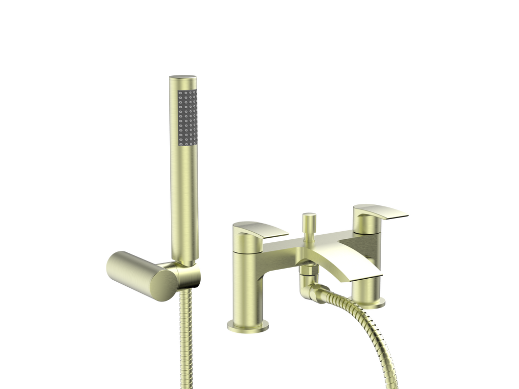 Front view of Pesky PVD Coated Bath Shower Mixer in brushed brass – two-hole bath filler with fixed and handheld shower heads