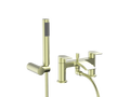 Front view of Pesky PVD Coated Bath Shower Mixer in brushed brass – two-hole bath filler with fixed and handheld shower heads