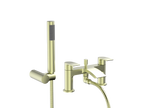 Front view of Pesky PVD Coated Bath Shower Mixer in brushed brass – two-hole bath filler with fixed and handheld shower heads