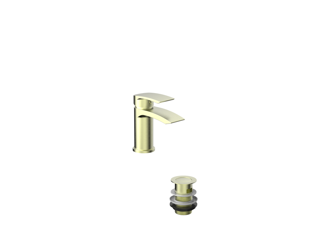 Pesky PVD coated mini mono basin mixer in brushed brass with pop-up waste, compact tap for small modern basins.