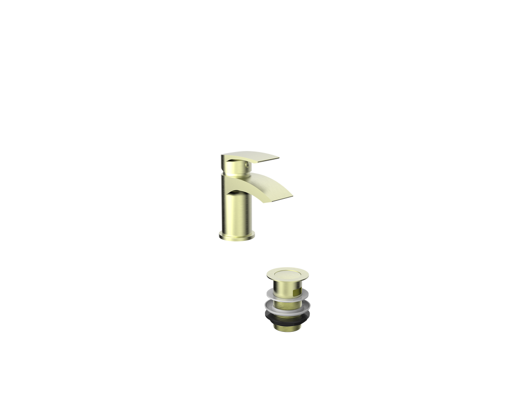 Pesky PVD coated mono basin mixer in brushed brass with pop-up waste, luxurious single-hole tap for modern bathrooms.