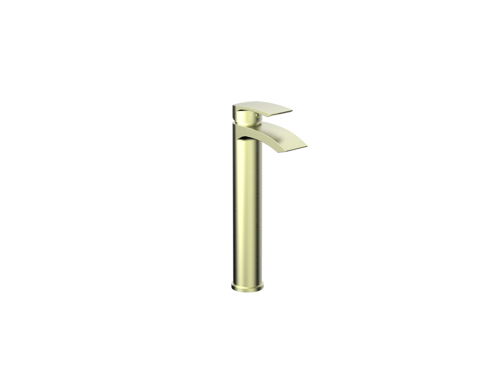 : Pesky PVD coated tall mono basin mixer in brushed brass with pop-up waste, elegant high-rise tap for modern bathrooms.