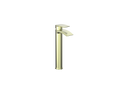 : Pesky PVD coated tall mono basin mixer in brushed brass with pop-up waste, elegant high-rise tap for modern bathrooms.