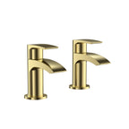 Pesky PVD coated tap pair in brushed brass with pop-up waste, classic 2-hole basin taps for modern and traditional bathrooms.
