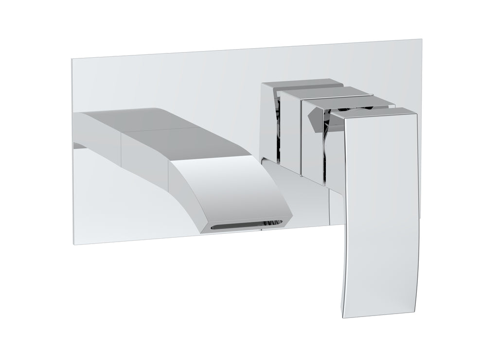 Pesky wall mounted chrome basin filler with pop-up waste, modern minimalist bathroom tap design.