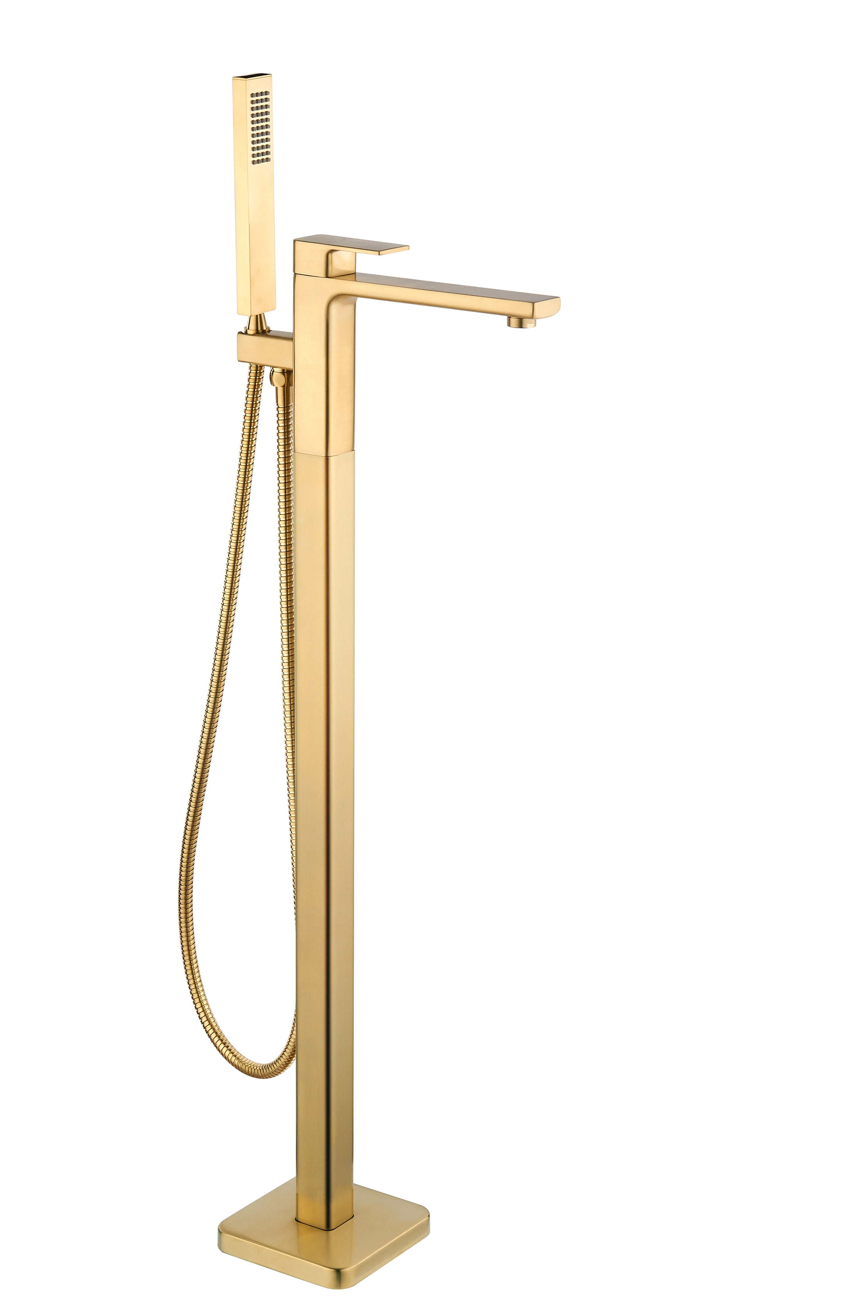 Front view of Quadrado Square Freestanding Bath Shower Mixer in brushed brass finish with durable brass handset