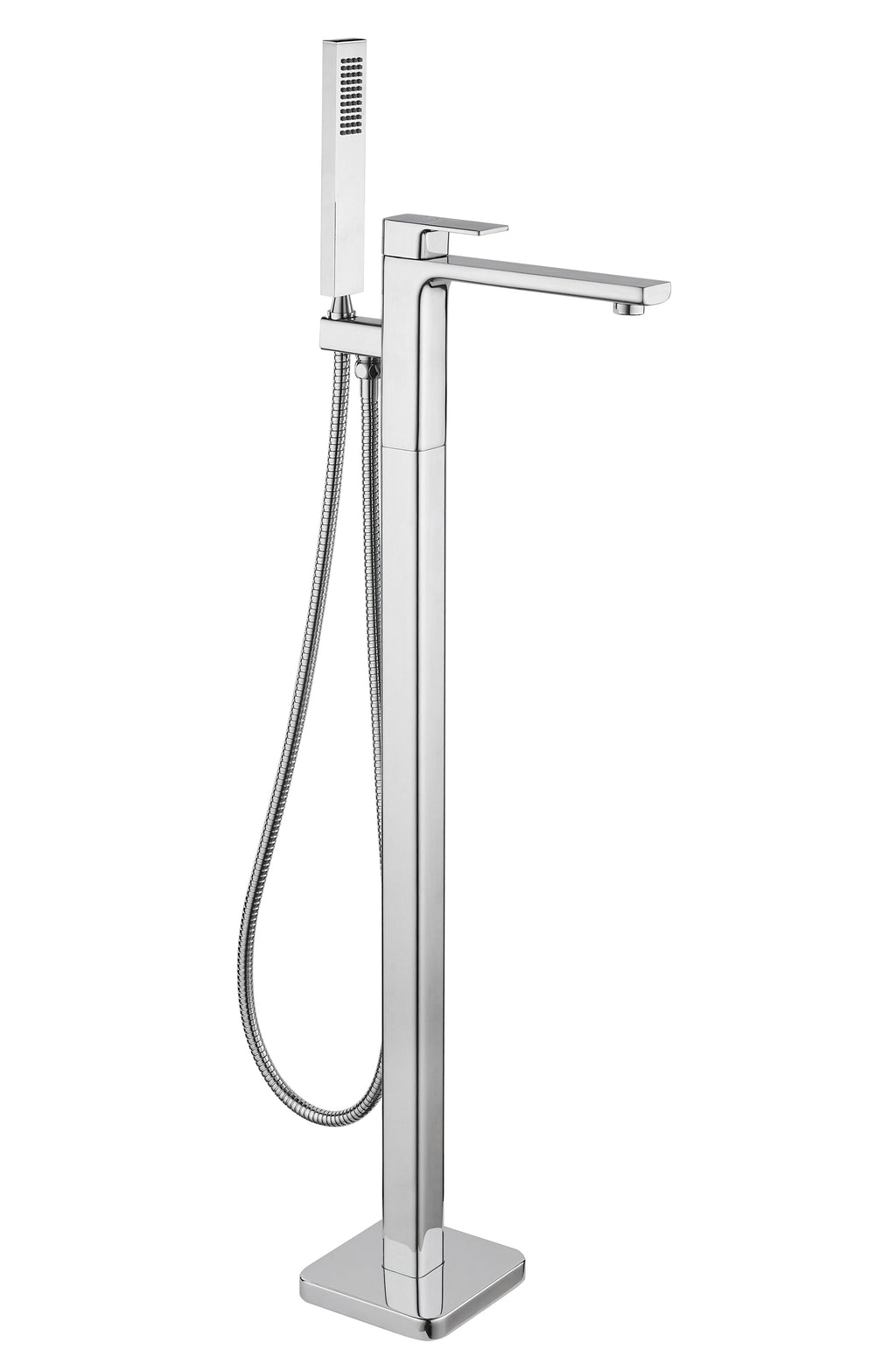 Front view of Quadrado Square Freestanding Bath Shower Mixer in chrome finish with single-handle control and sleek style