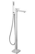 Front view of Quadrado Square Freestanding Bath Shower Mixer in chrome finish with single-handle control and sleek style