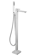 Front view of Quadrado Square Freestanding Bath Shower Mixer in chrome finish with single-handle control and sleek style