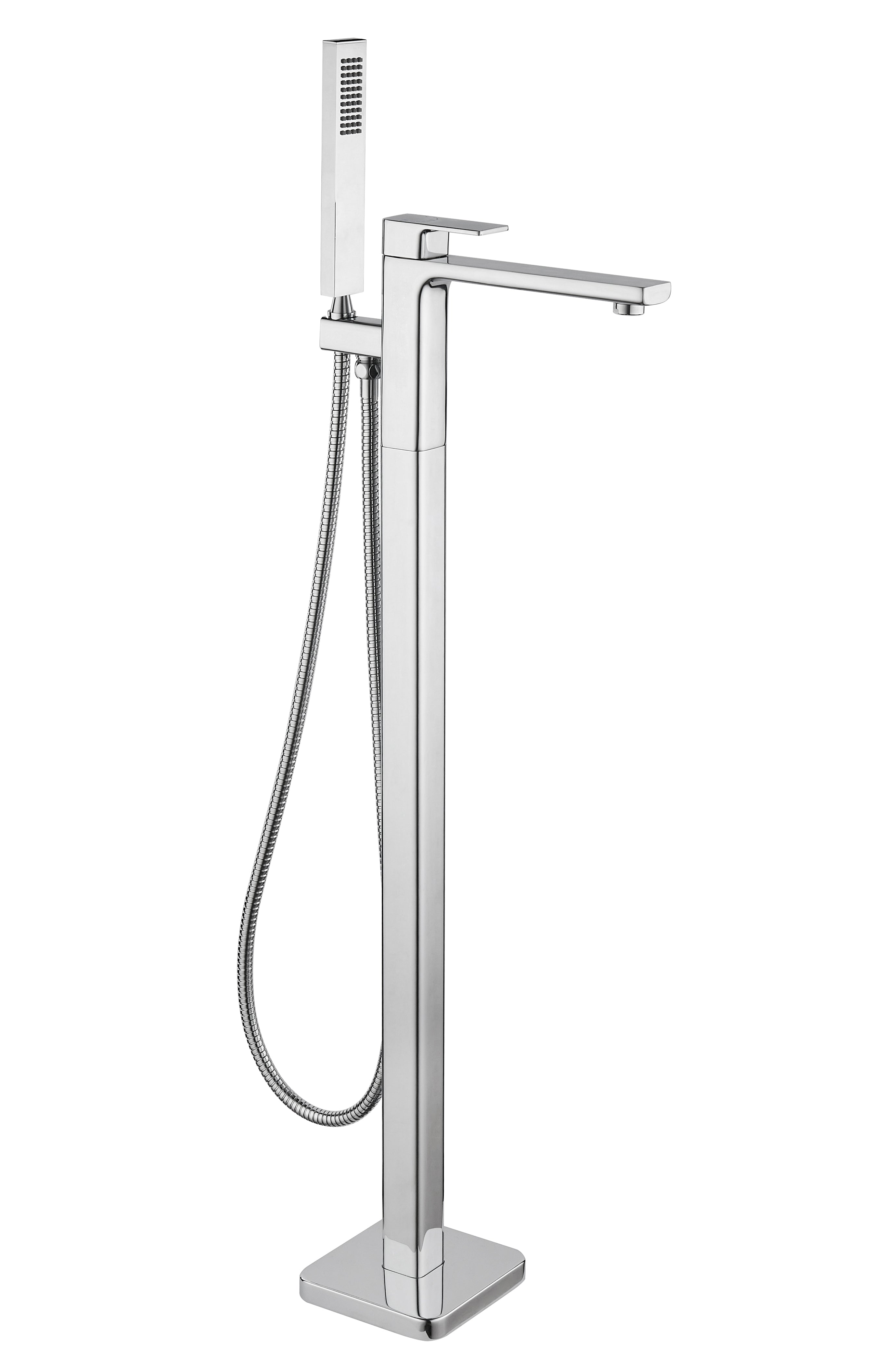 Front view of Quadrado Square Freestanding Bath Shower Mixer in chrome finish with single-handle control and sleek style