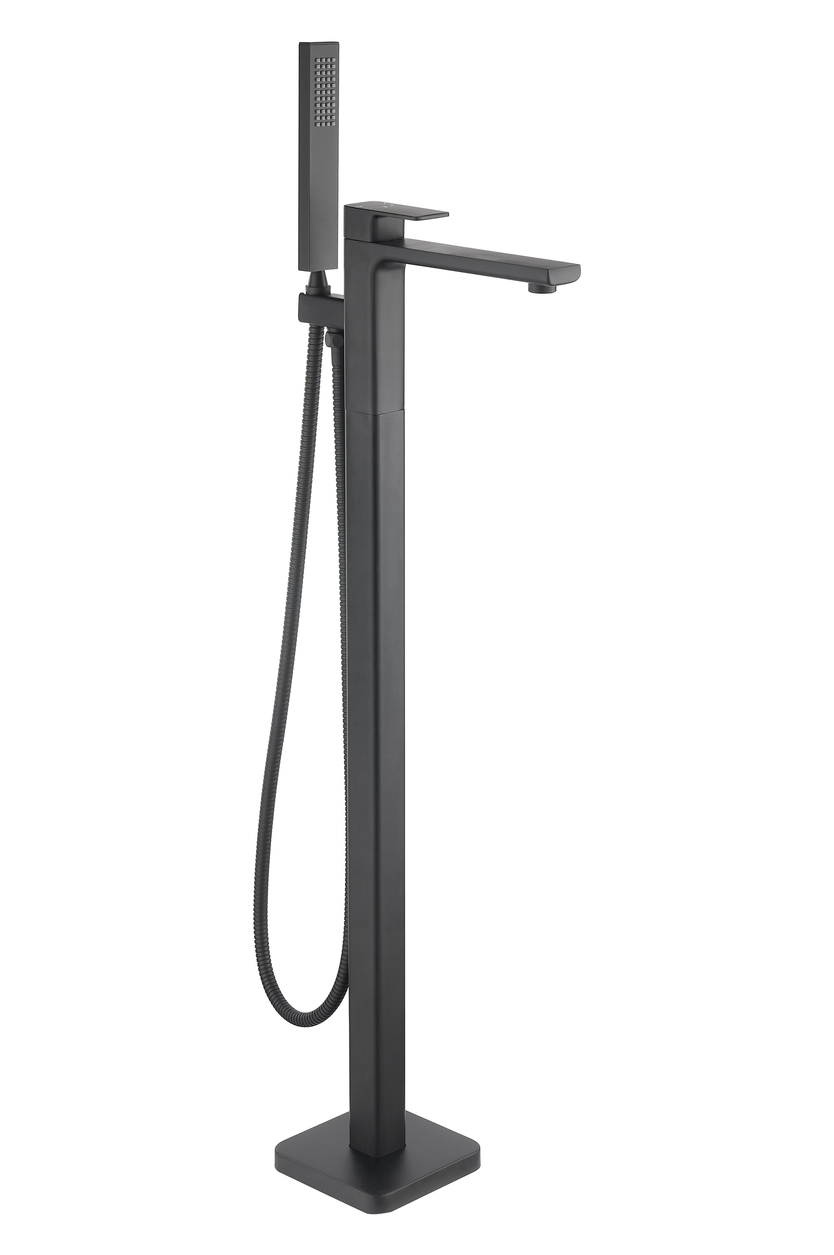 Front view of Quadrado Square Freestanding Bath Shower Mixer in matte black finish with modern square design