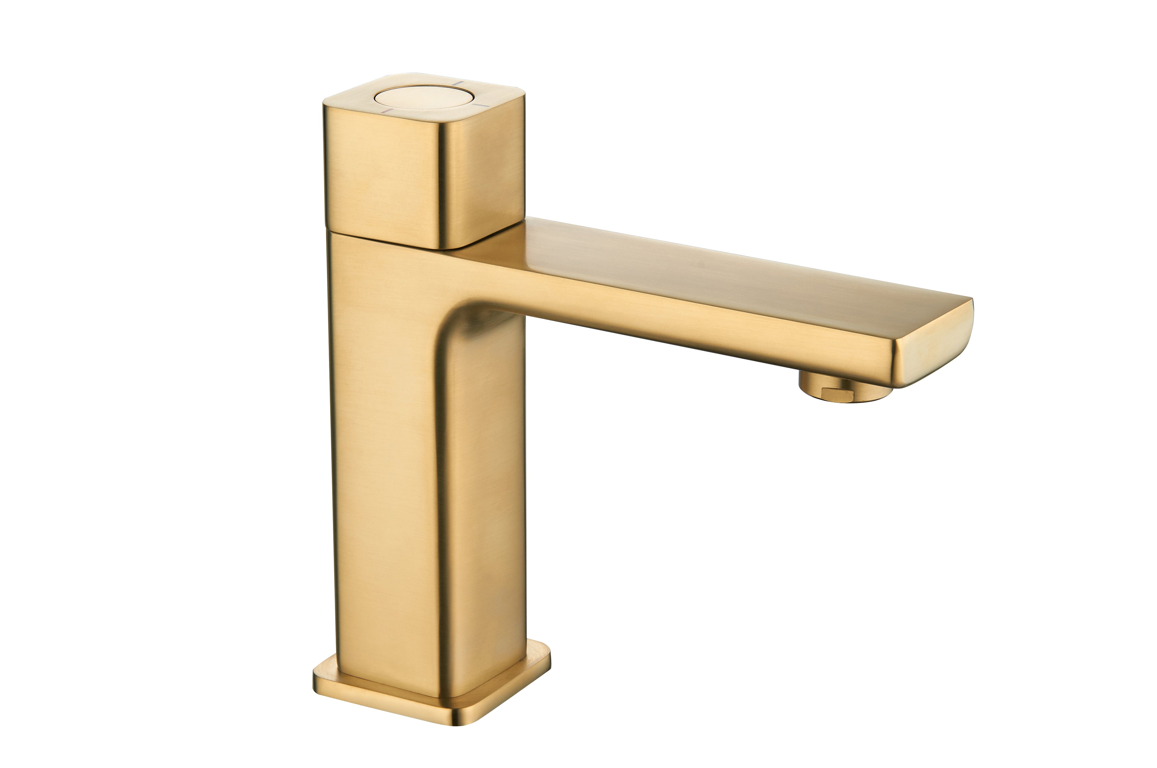 Quadrado square push button tap in brushed brass finish with domed waste