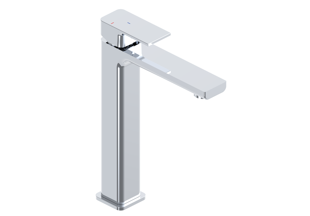 Front view of Quadrado Square Tall Tap in chrome finish with Eco Start and Eco Flow water-saving technology