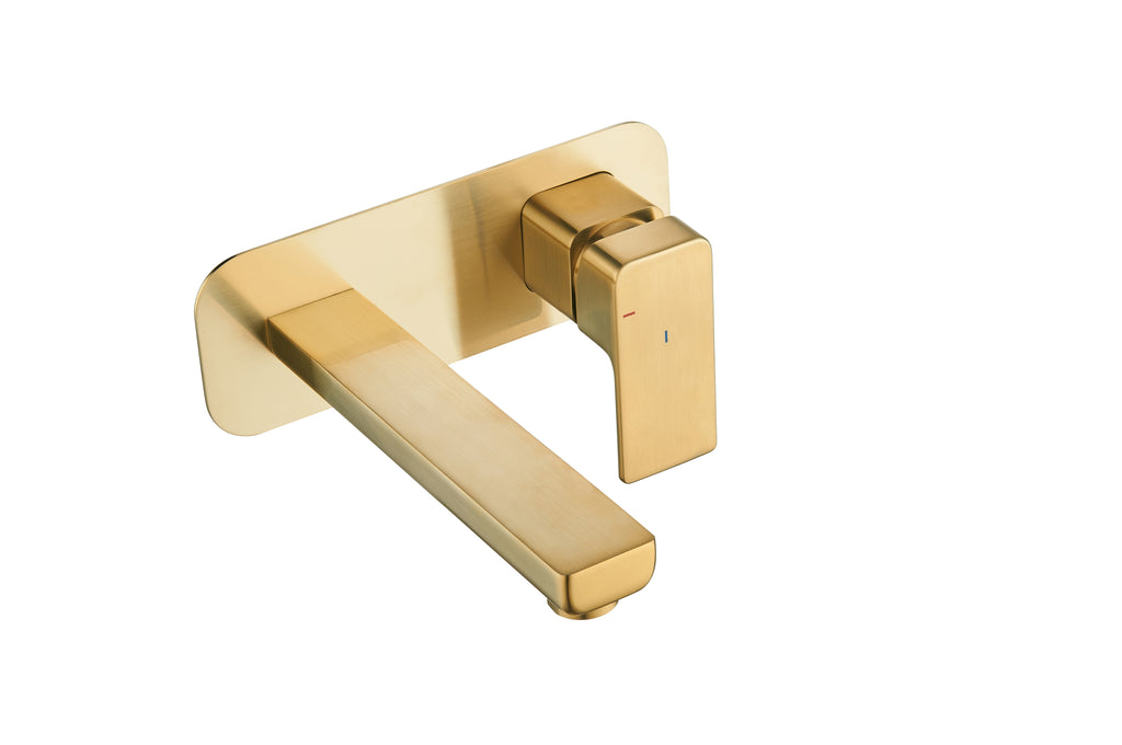 Front view of Quadrado Square Wall Mounted Tap in brushed brass finish, premium wall-mounted eco-friendly bathroom tap