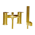 Gold bathtub faucet and shower head set on a white background