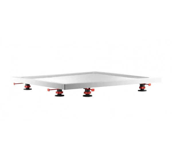 White platform with red and black adjustable legs on a white background
