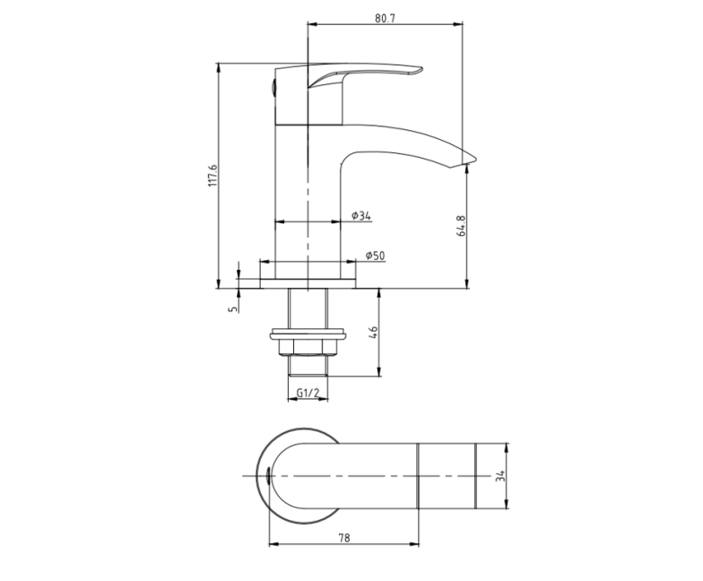Technical drawing of a faucet with dimensions