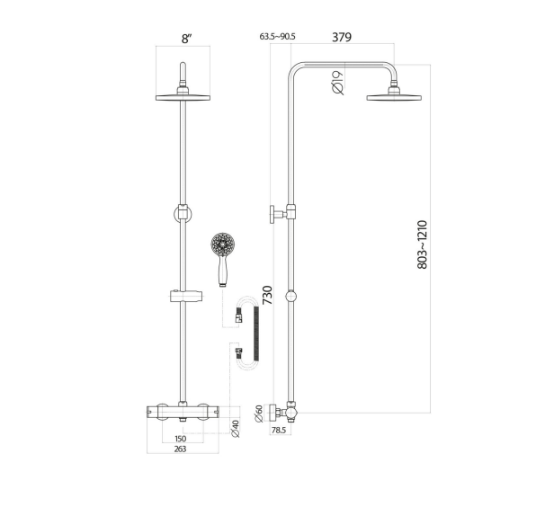 Mega PVD Coated Column Shower w/ Rail, Hose & Round Head - Brushed Brass