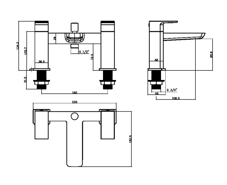 Technical drawing of bath filler with dimensions.