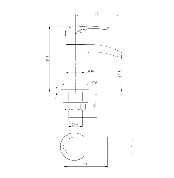 Technical drawing of a bathroom faucet with dimensions