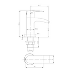 Technical drawing of a bathroom faucet with dimensions