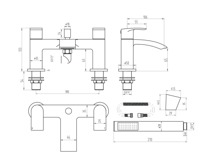 Pesky PVD Coated Bath Shower Mixer w/ 2 Tap Holes, Slide Rail & Fixed & Handheld Shower Head - Brushed Brass