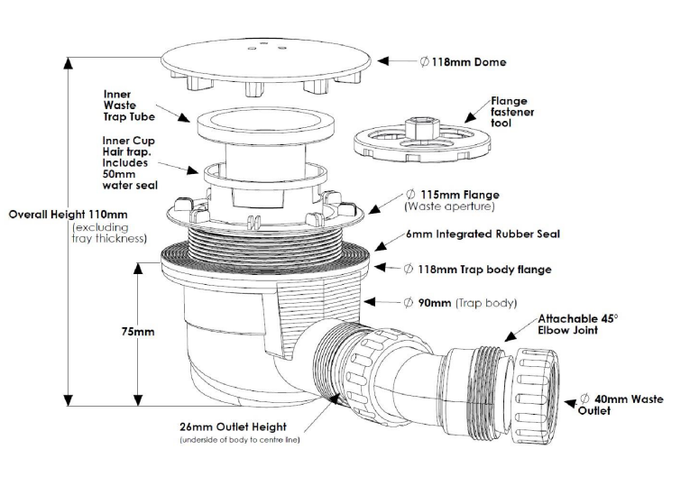 Alpha 90mm x 90mm Universal Shower Waste - Chrome